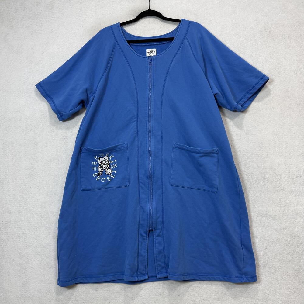 Brittany Broski muumuu Womens Large Blue Terry Zip Kaftan Cartoon Cowboy Lounge